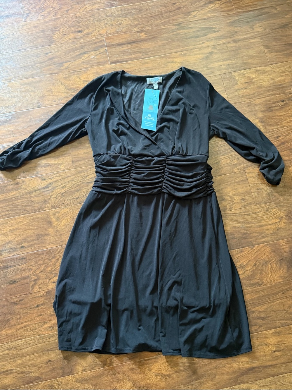 Black Ruched Waist V-Neck Dress b-slim - 3/4 Sleeve